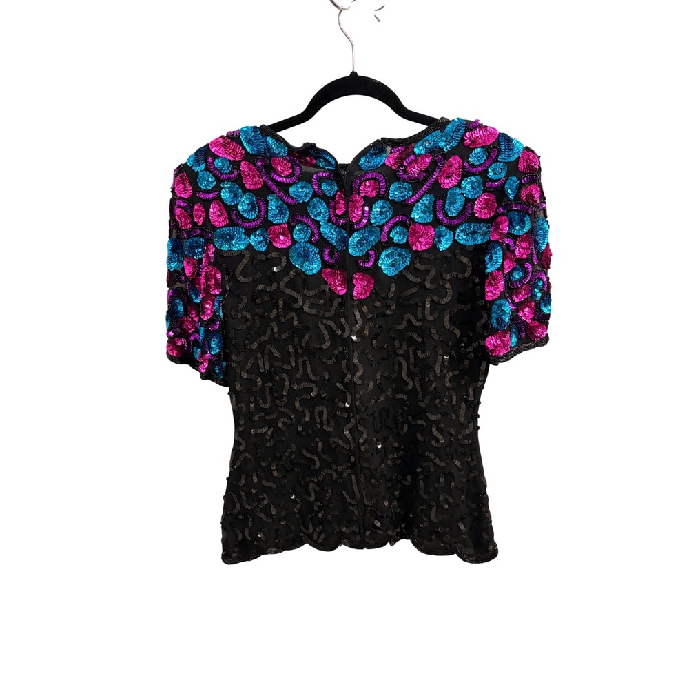 Vintage Silk Sequin Top Womens Small Black Pink Blue Beaded Evening Blouse - Picture 2 of 3